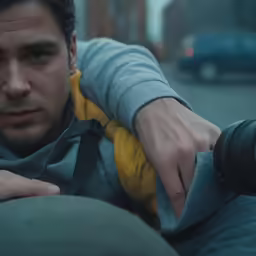a man in grey sweatshirt holding a camera