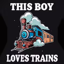 a black shirt with a small train on it,this boy loves trains on black and white t - shirt