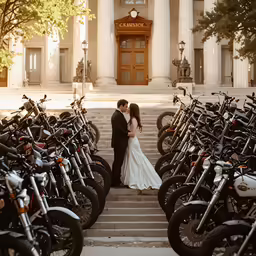 a bride and groom standing in front of a row of parked motorcycles