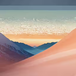 two mountains with white birds flying above them,a large snowy mountain is next to some tall mountains