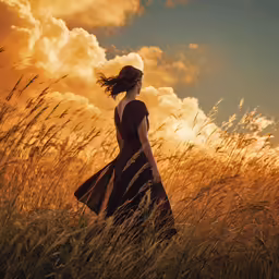 woman standing in the tall grass looking at the sun