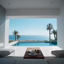 the view of the ocean from the living room of a villa with pool