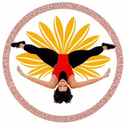 a woman with dark hair and red pants is upside down
