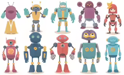 an assortment of robots in various colors and sizes
