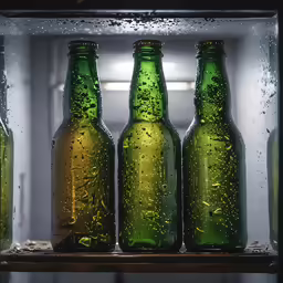 many bottles are stacked in the fridge with water droplets
