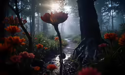 a very pretty red flower by some trees