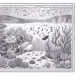 a drawing with black and white drawing of a coral reef