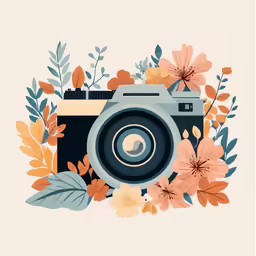 an art print with an illustration of a camera surrounded by leaves