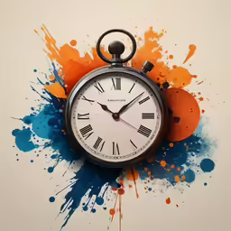 the clock is painted with orange, blue and green splatters