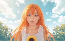 a woman in a white tank top with orange hair holding a sunflower