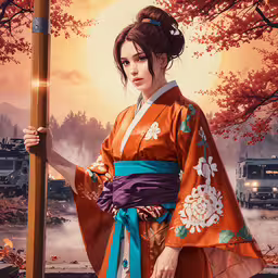 a woman is holding up a pole in front of some cars,a woman in an orange kimono holding a wooden stick