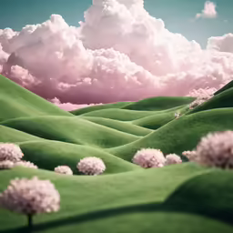 a green grassy field and blue sky covered in clouds