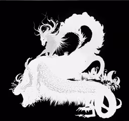a black and white illustration shows an dragon and another animal,an illustration of a white dragon and its black background