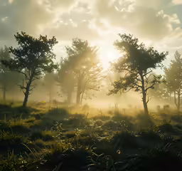 the sun is peaking through the fogy trees