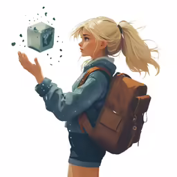 an artist is holding a backpack with her hands