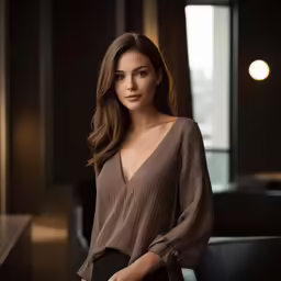 an elegant woman standing in a room looking at the camera