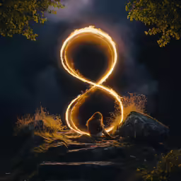 a woman is silhouetted by fire as she stands in front of two spiral designs