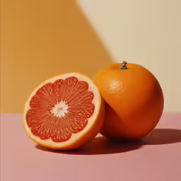 a large orange and half an orange on a table