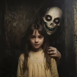 a young girl wearing a yellow dress stands in front of a creepy skeleton