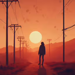 a person stands on a path between power lines,a person walking down a dirt road past many power lines