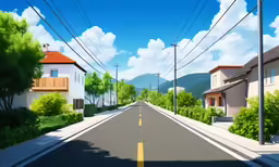 an animated view of a suburban road in the day