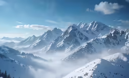 the snowy mountains are covered in clouds and snow