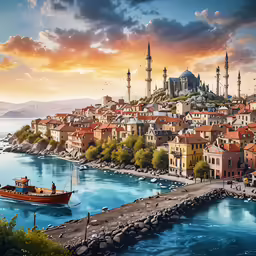 a painting of a city on the water