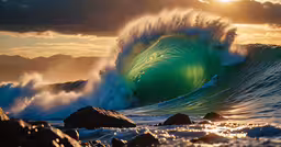 a large wave crashes over a rocky shore,a wave in the ocean with the sun shining on top