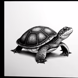 a black and white picture of a turtle