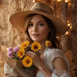 a woman wearing a brown hat and holding bunch of sunflowers