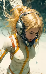 a woman with blonde hair wearing headphones and diving