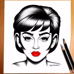 a drawing of a woman with bangs and lips,a drawing of a woman