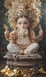 a child is sitting on a bench while eating something