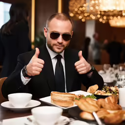 a man in suit sitting at a table in front of a sandwich and fries