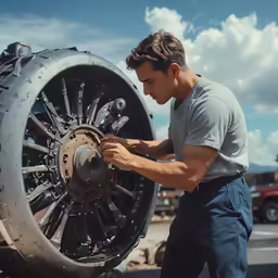 a man is repairing an engine for a plane