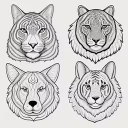 four faces of animals with the same expression,tiger, bear, wolf and wolf head illustration,three faces of different animals and the bottom one is a tiger,some pictures of four different animals with one tiger and the other bear,three different kinds of lynxs, tiger and lynx