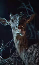 an animal with very large teeth looks at the camera