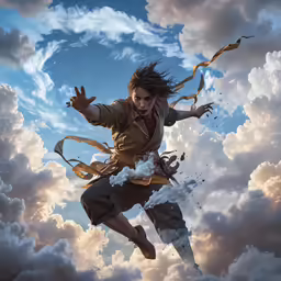 a young man flying through the air under cloudy skies