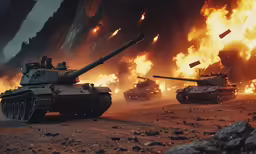tanks in a line with red, yellow, and blue smoke and flames behind them