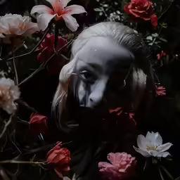 a creepy woman standing among some fake flowers