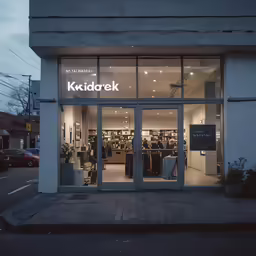 a store front displaying clothing and a suitcase
