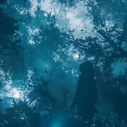 a silhouette of a person standing in a forest