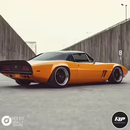 a gold car sitting on the pavement with a gray sky in the background