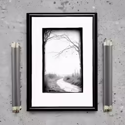 a framed black and white photograph of an empty path