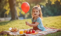 a little girl holding up an red balloon over food