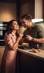 a young couple standing in the kitchen holding hands