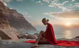 a woman wearing a red bikini sitting in the shade