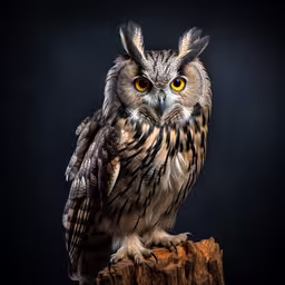 an owl standing on a wooden stump with bright yellow eyes,a owl with orange eyes sitting on top of a wooden post