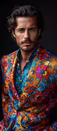 a man with black hair and beard wearing an ethnic suit,a man wearing a flowered shirt and jacket looking to his left