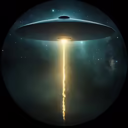 an alien floating over the sky with a light trail coming out